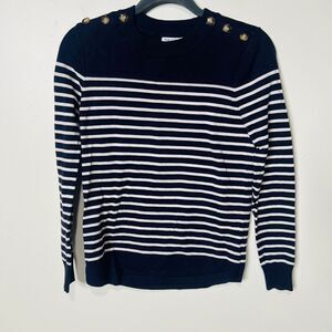Pink Clover Navy Blue White Stripe Sweater Sz SM Button Shoulder Detail Nautical